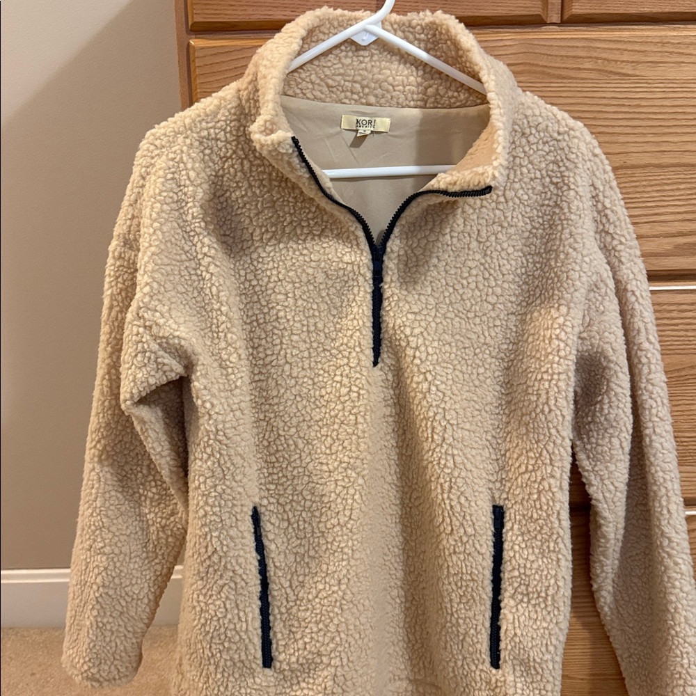 Kori Beige Sherpa Fleece with Blue Trim